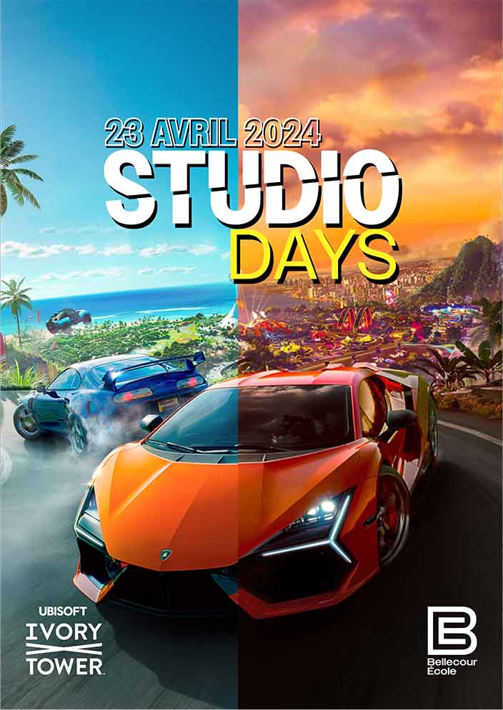 Affiche des studio days avec un jeu de voiture d'Ubisoft Ivory Tower
